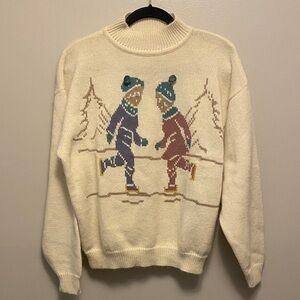 VTG Russ Studio Womens Sz L Cream Winter Ice Skater Scene Mock Neck Knit Sweater